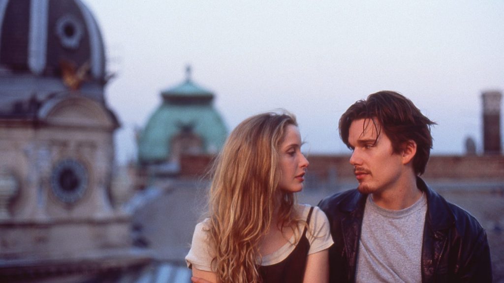 Ethan Hawke and Julie Delpy gaze at each other in Vienna, Before Sunrise